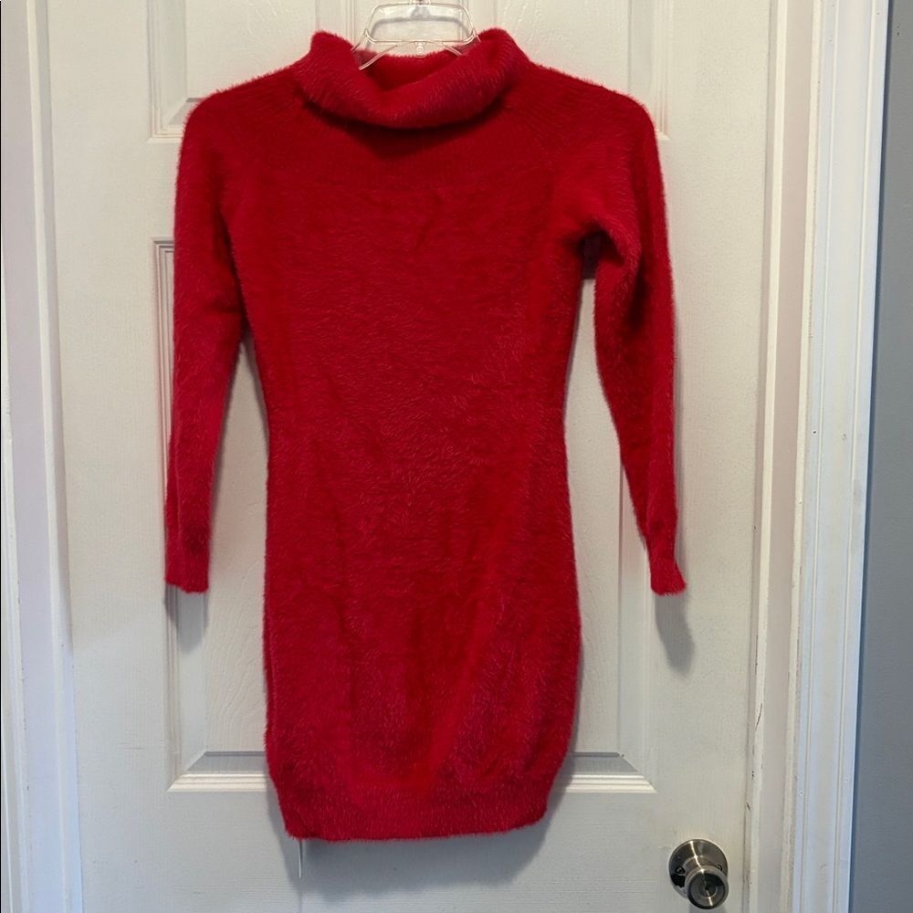 Red Cowl Neck Tunic Sweater/mini dress with Full-Length Sleeves medium